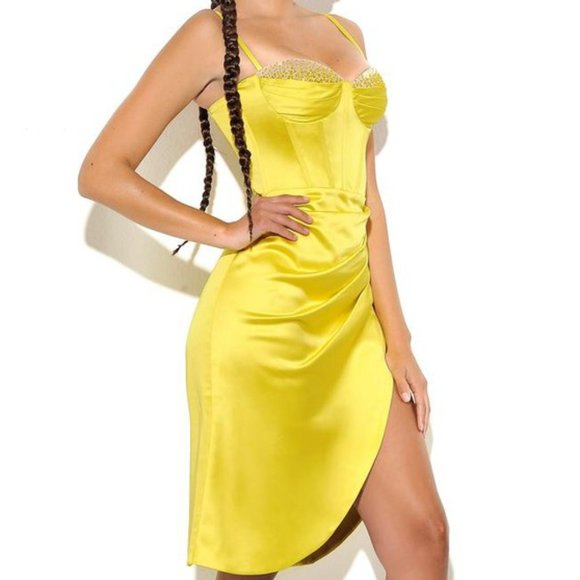 Callie Lives Miss Circle Bling: Rhinestone Sweetheart Chartreuse Satin Dress LG - Picture 4 of 9